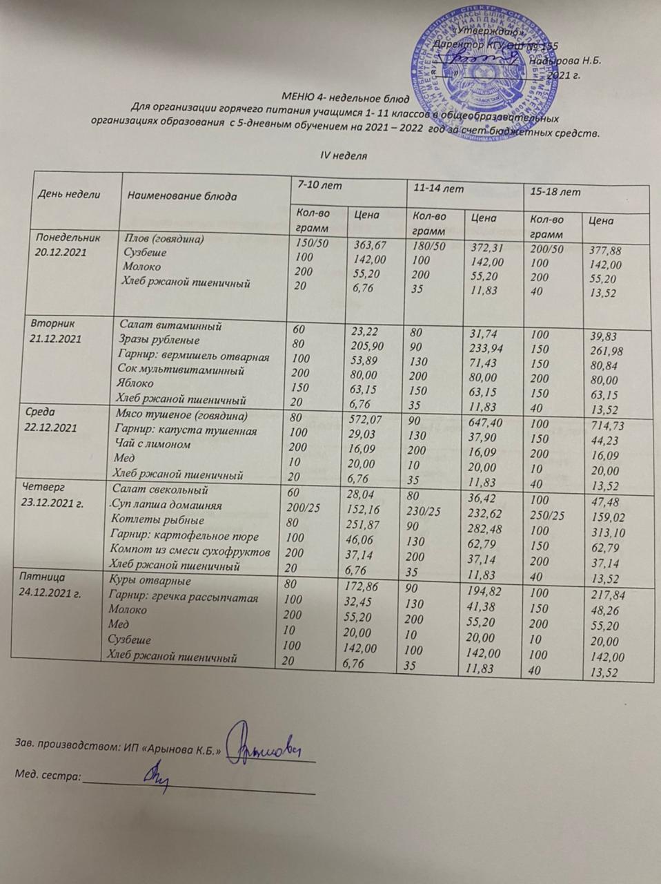 Школьное питание(перспективное)меню с 20-24декабря