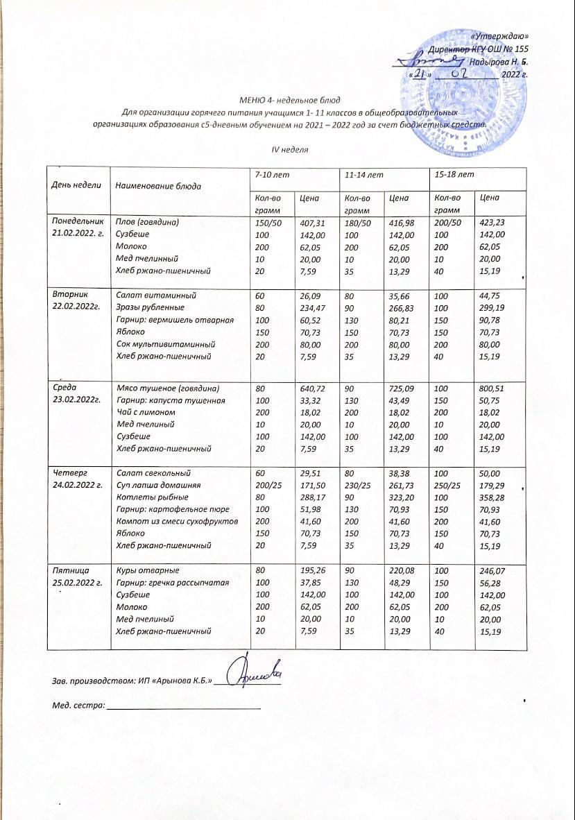 Школьное питание(перспективное)меню с  21-25.02.2022г