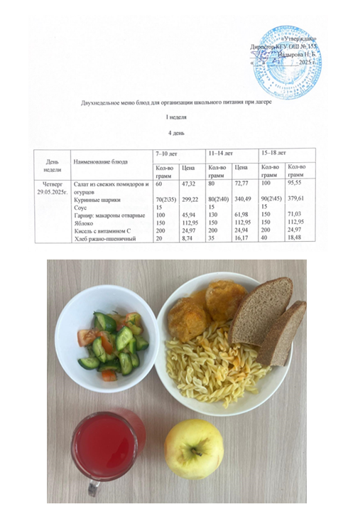 Школьное питание при лагере на 29.05.2025г