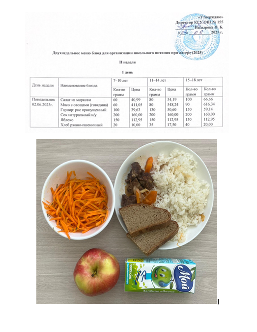 Школьное питание при лагере на 02.06.2025г