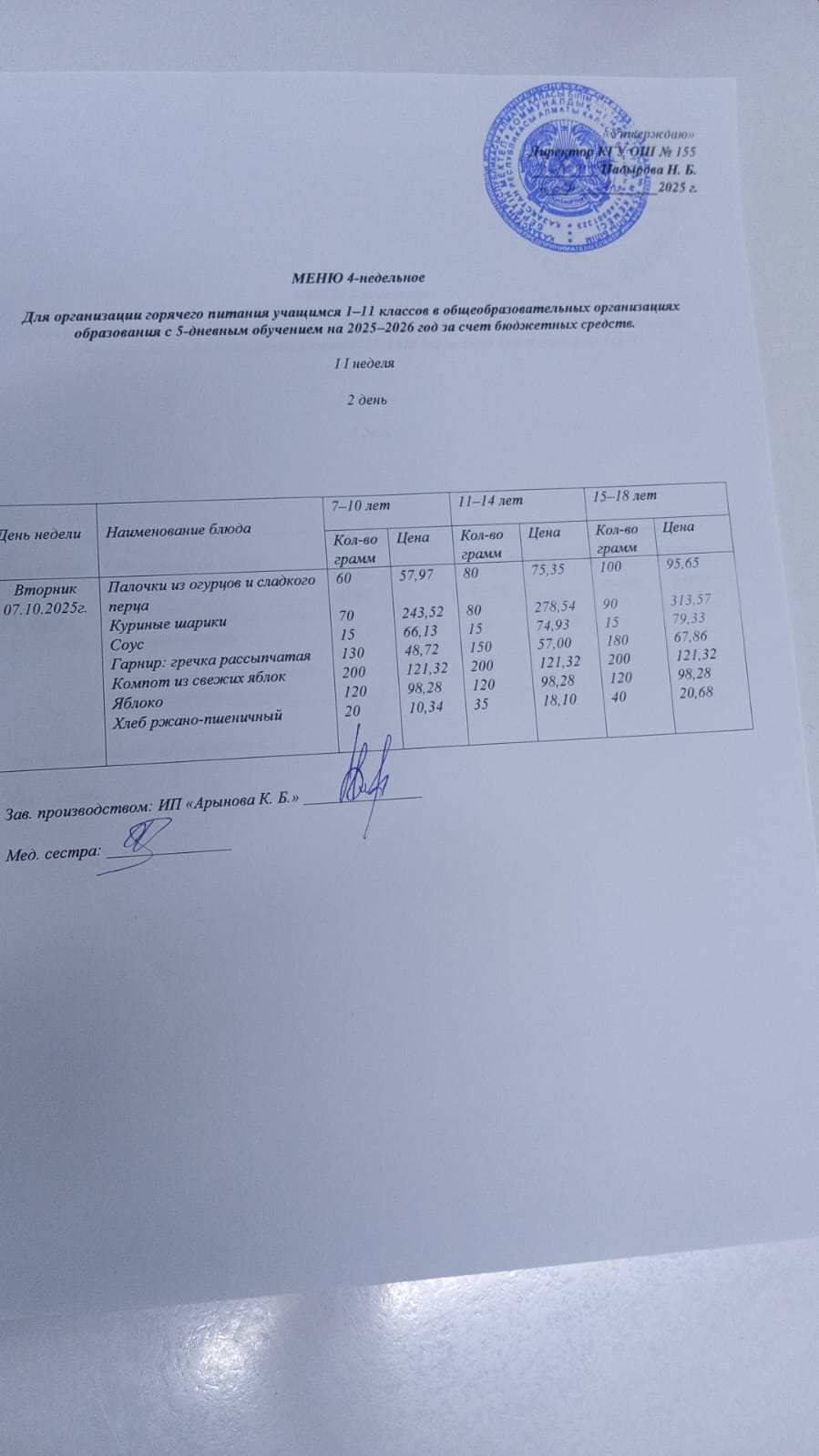 Начальные классы/ Школьное меню 07.10.2025