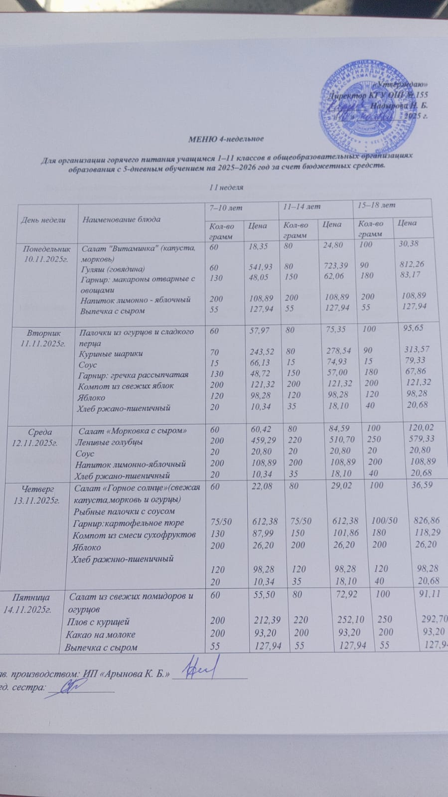 Школьное питание (перспективное) меню с10.11.2025 по 14.11.2025г.