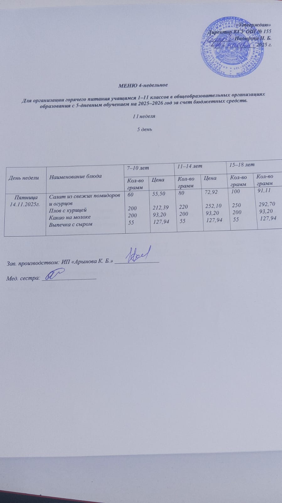 Начальные классы/ Шкоьное меню 14.11.2025 г
