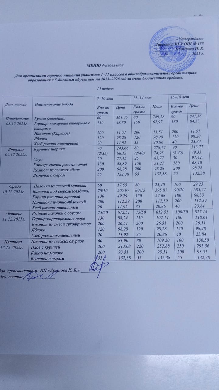 Школьное питание (перспективное) меню с 08.12.2025 по 12.12.2025