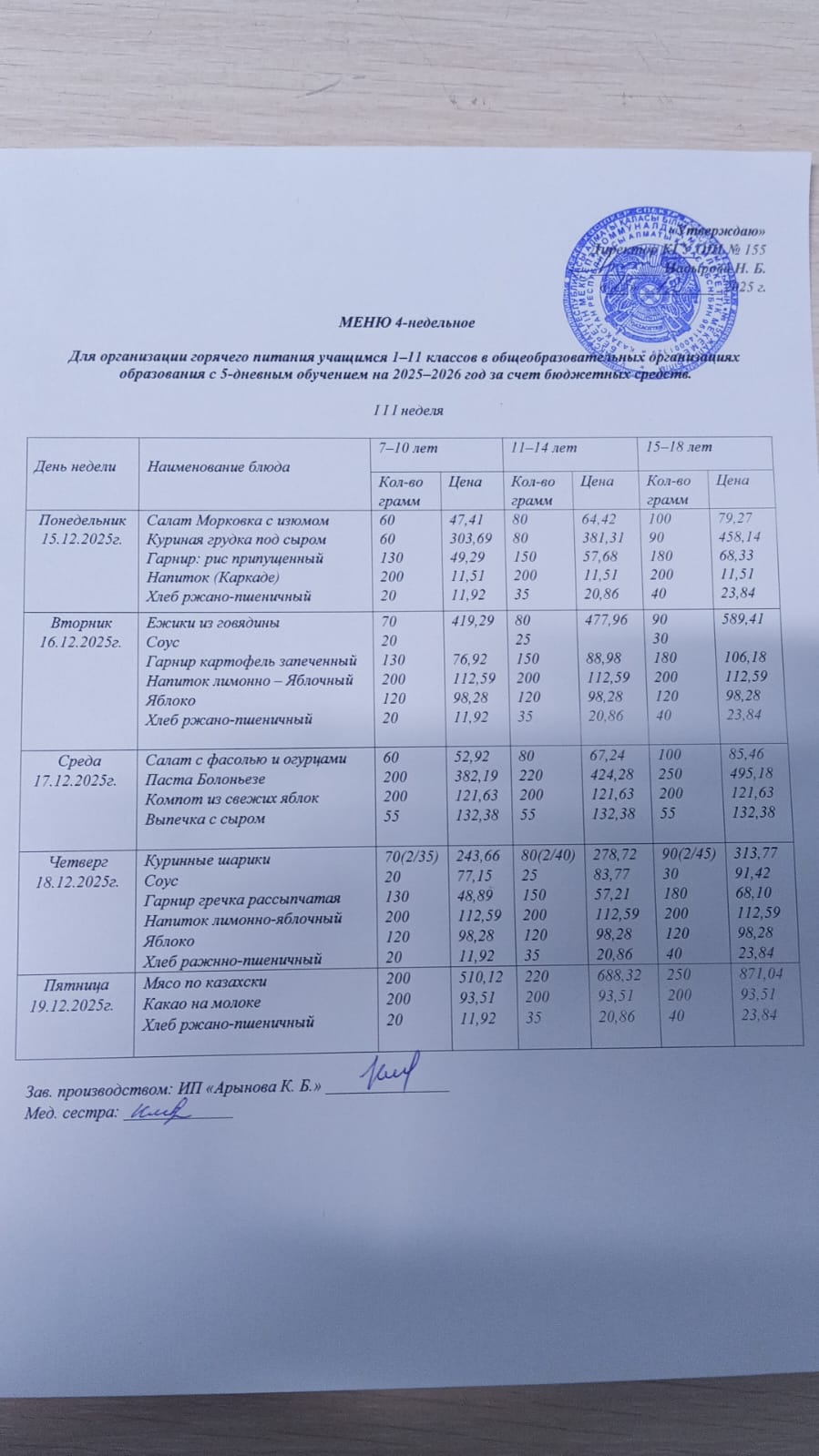 Школьное питание (перспективное) меню с 15.12.2025 по 19.12.2025 год